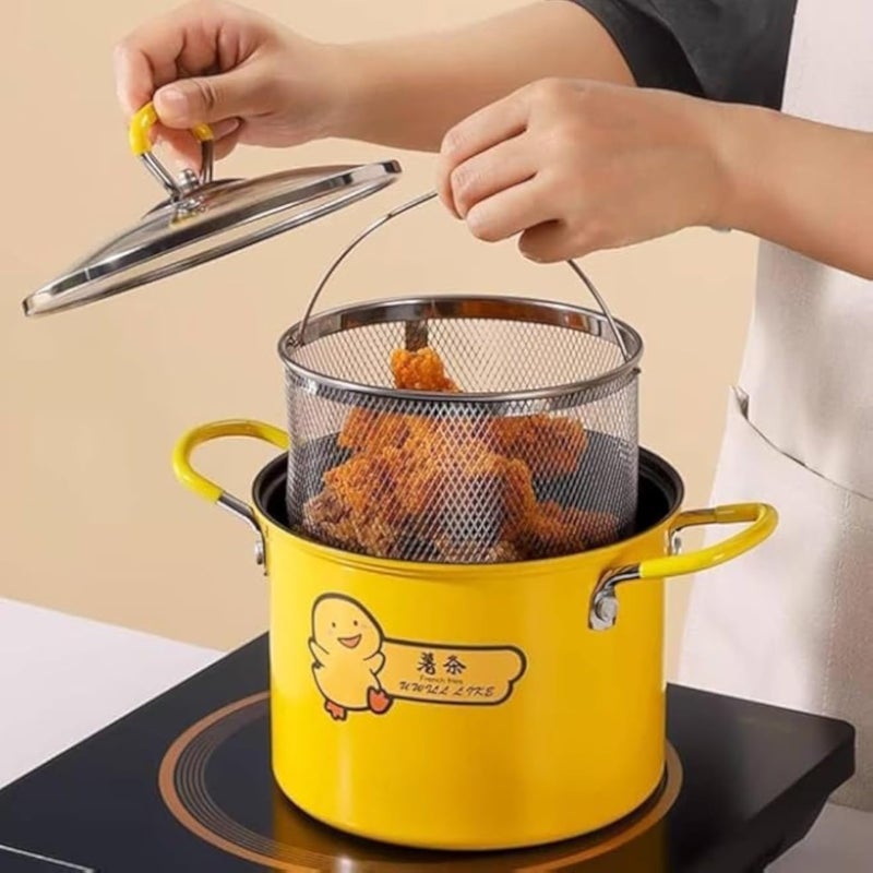 قدر تحميص بغطاء زجاجي سعة 2 لتر - قدر قلي بفلتر زيت وغطاء - عميق بمقبض مانع للانزلاق - أصفر